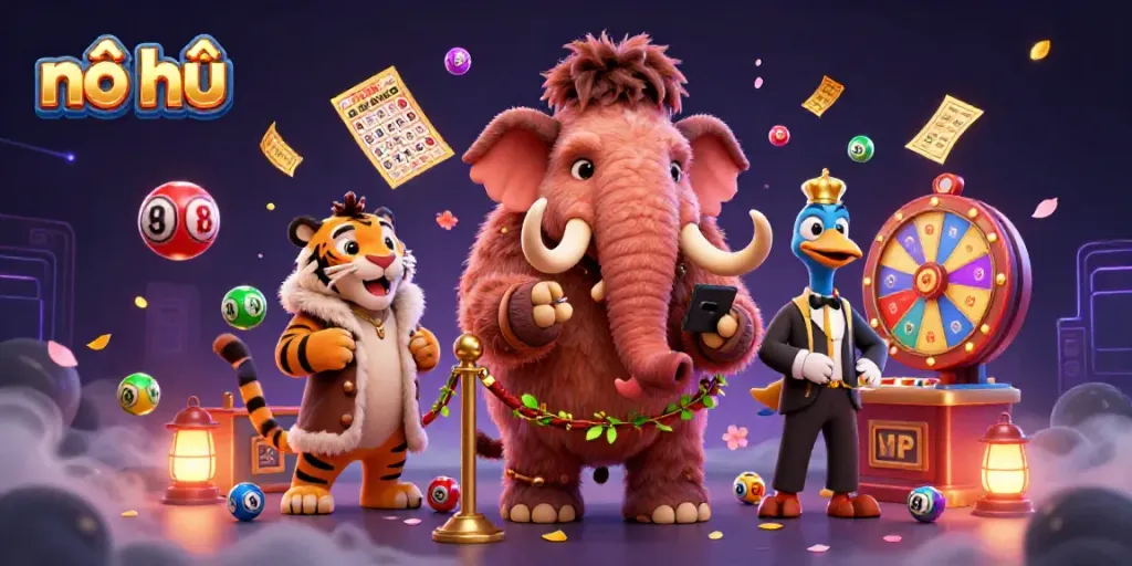 Experience the excitement of nổ hũ in this vibrant 3D casino scene with lively characters and game elements.