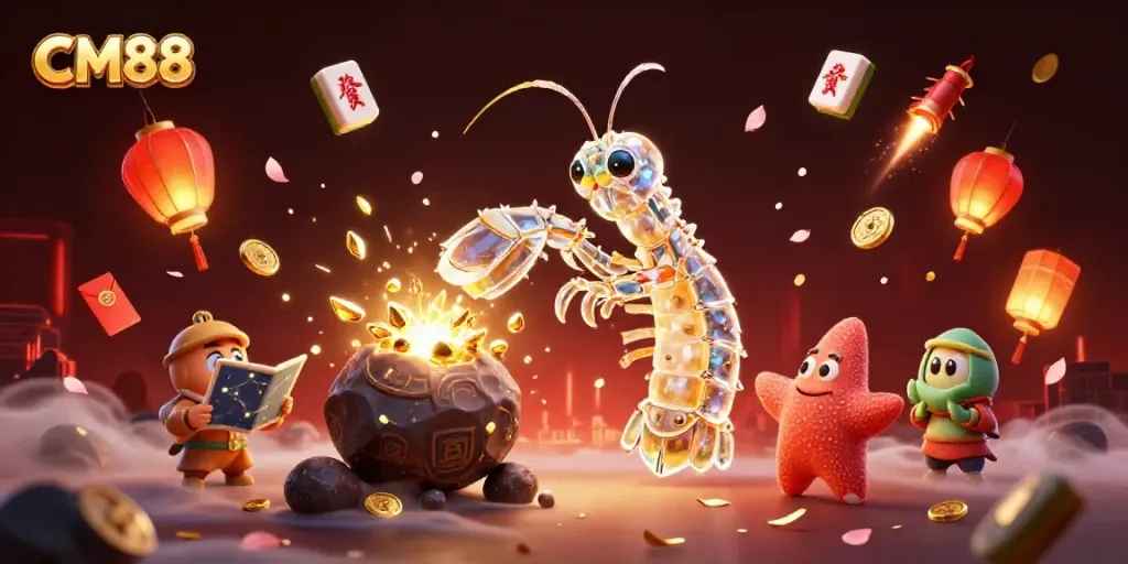 CM88 gaming action with a galactic samurai mantis shrimp and starfish amidst golden coins and mahjong tiles