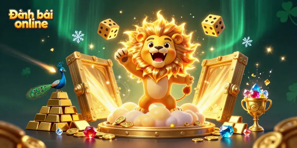 Engaging scene of Đánh bài online with a vivid sun lion, golden dice, and glimmering treasures.