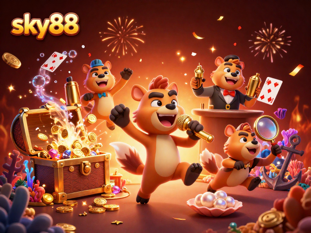 Watch the sky88 hyena comedians entertain at a vibrant casino club surrounded by treasures and fireworks.