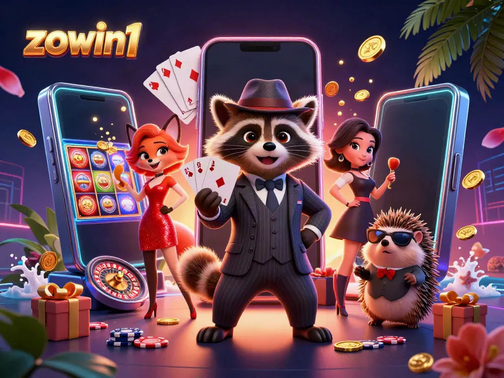 Zowin1 features an exciting casino scene with charming characters enjoying a royal flush hand.