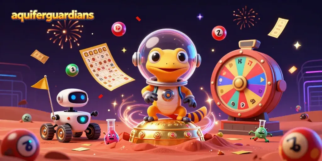 Permainan kasino yang menarik oleh aquiferguardians, menampilkan gecko asing dan elemen hiburan.