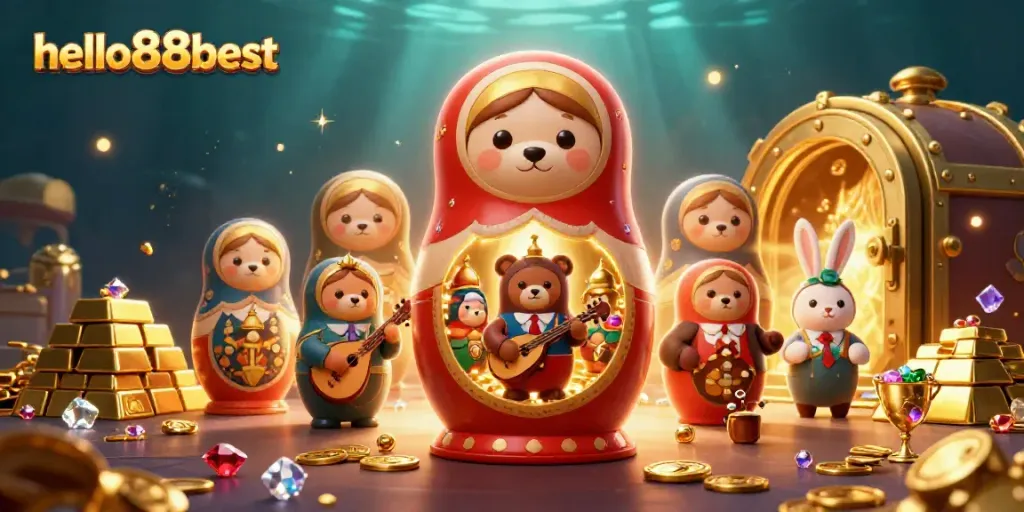 Experience the excitement of hello88best with a colorful digital casino illustration featuring cartoon bears and treasure.