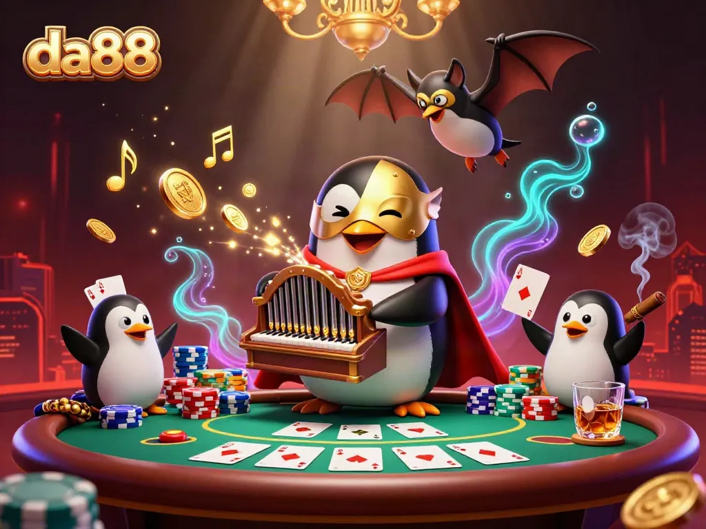 Experience the excitement of da88 with a cartoon penguin playing an organ shooting coins, set in a vibrant casino scene.