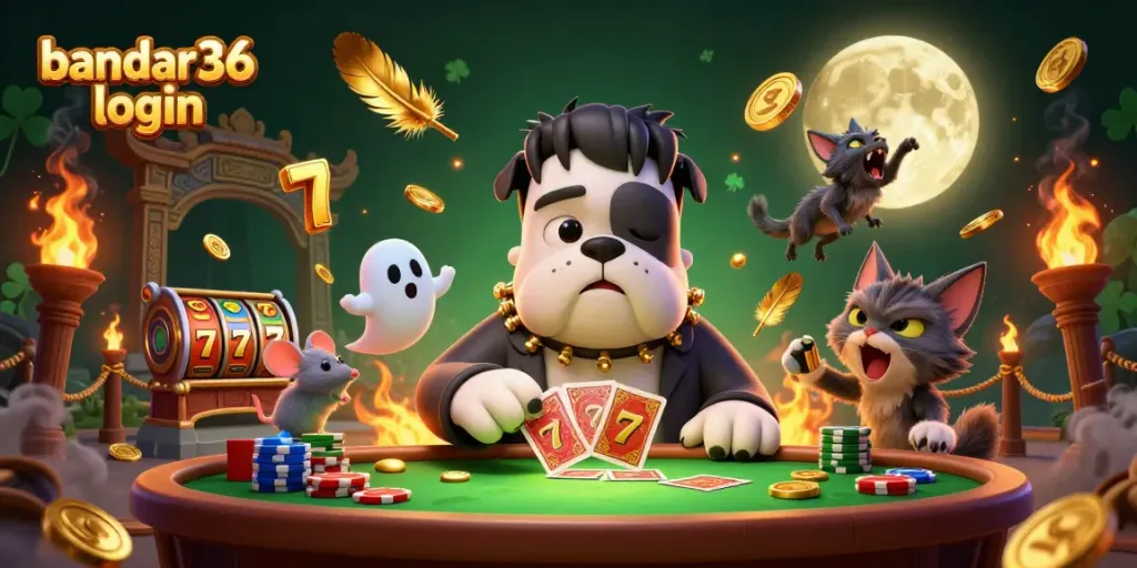 Permainan kartu unik di bandar36 login dengan bulldog Frankenstein dan kucing werewolf yang ceria.
