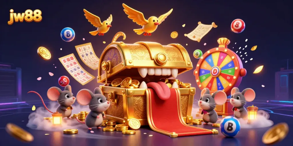 Engage with jw88's vibrant 3D casino scene featuring colorful lottery elements and an inviting treasure chest.