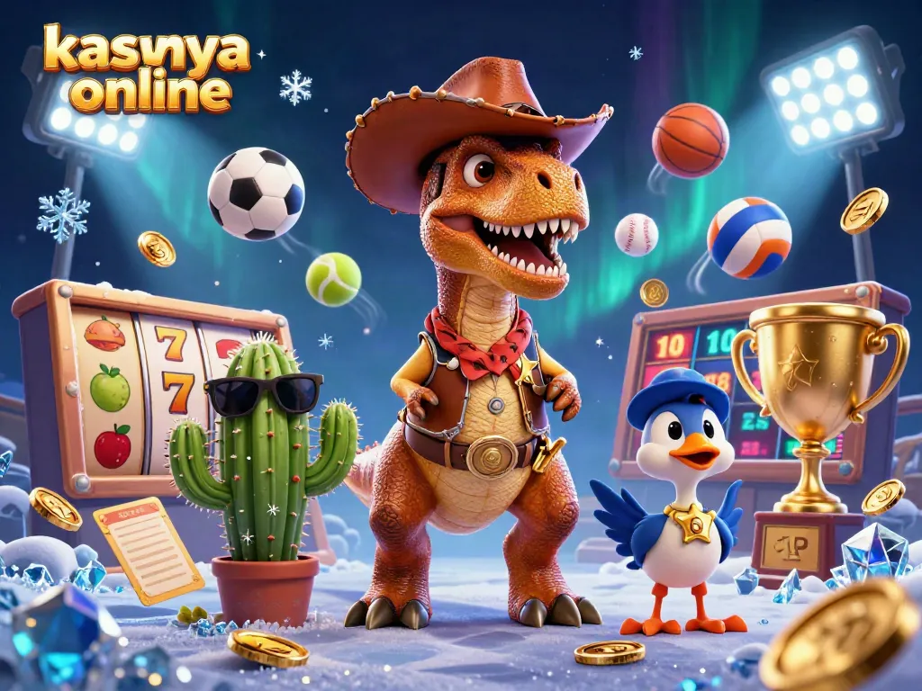 Experience the excitement of kasyna online as a T-Rex cowboy spins slot reels amidst flying sports balls.
