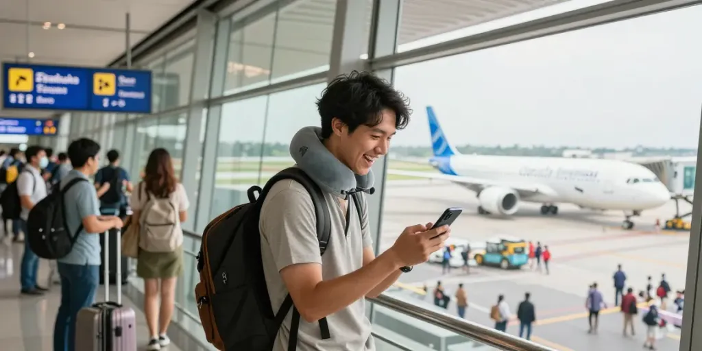 Travel scene showcasing Garuda 404 flight check at the airport with excited traveler.
