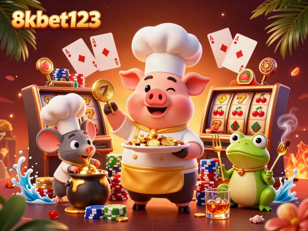 8xbet123 showcases a vibrant casino scene with characters enjoying gourmet gold coins and slot machines.