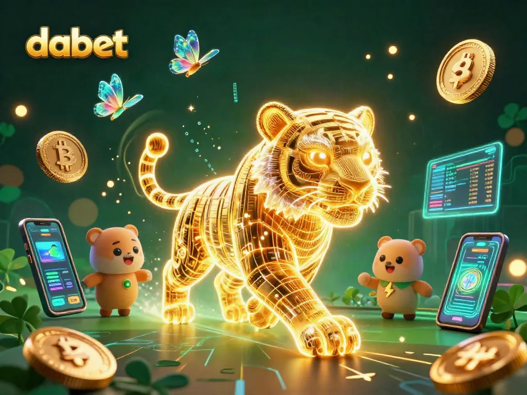 Experience thrilling gaming action with dabet's vibrant 3D casino scene showcasing a neon tiger and crypto elements.