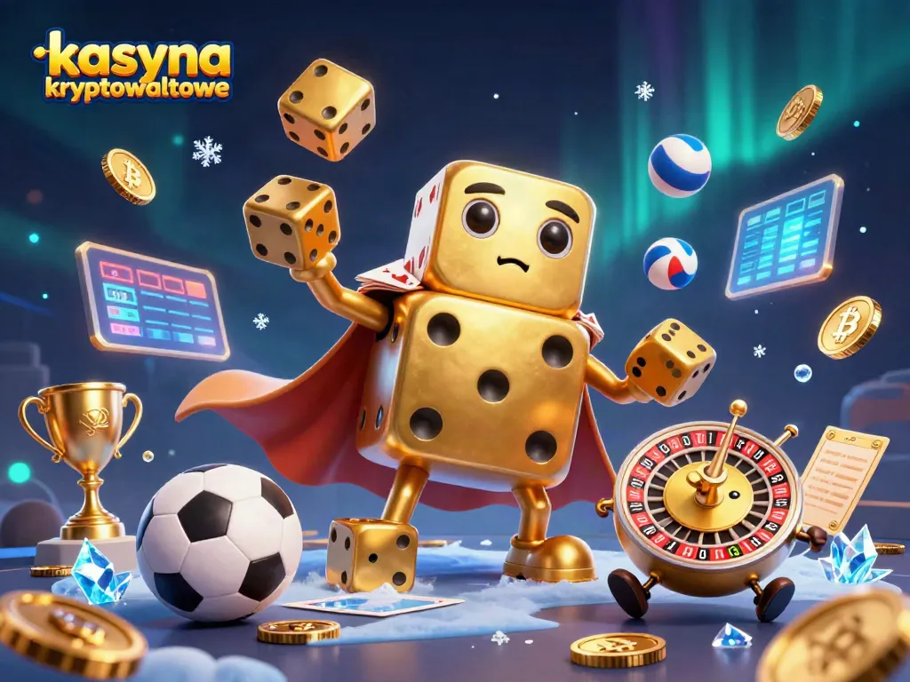 Engaging scene of kasyna kryptowalutowe with dynamic elements like Bitcoin coins and sports balls in a vibrant casino setting.