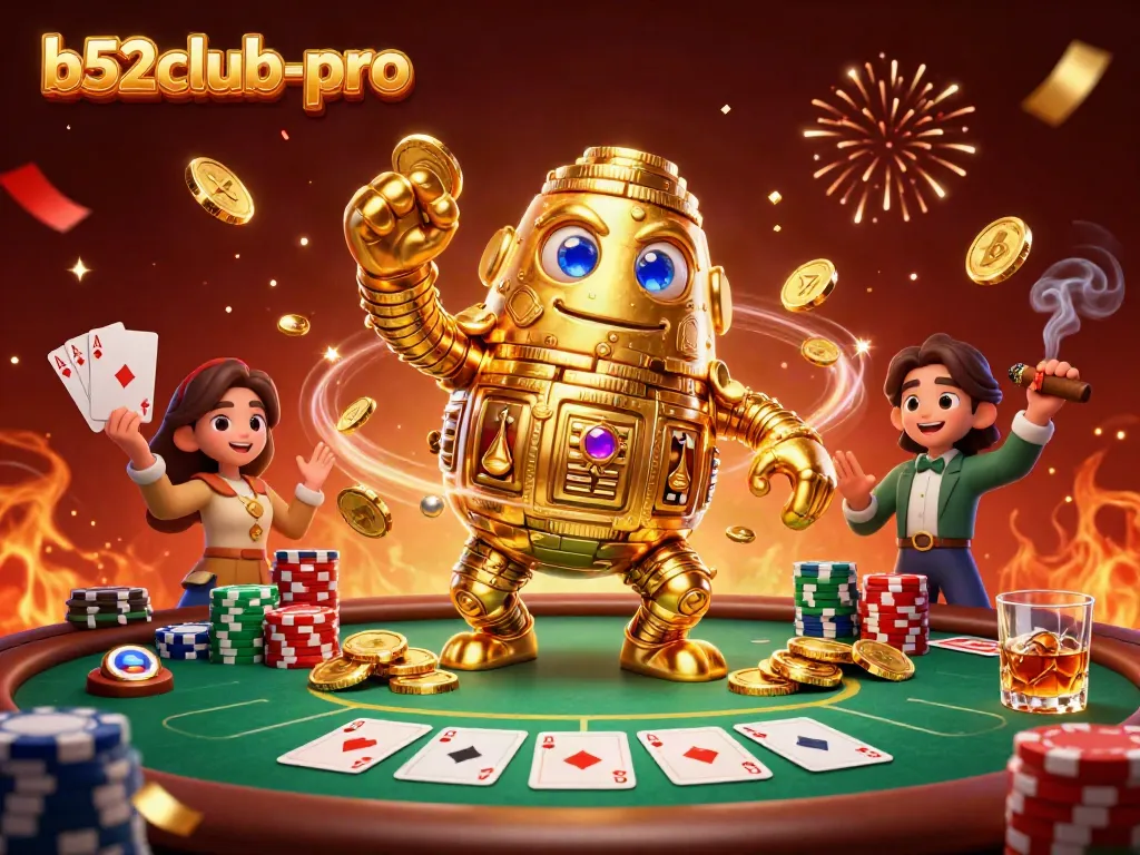 Experience winning thrills at b52club-pro with a vibrant casino scene featuring gold coins and poker!