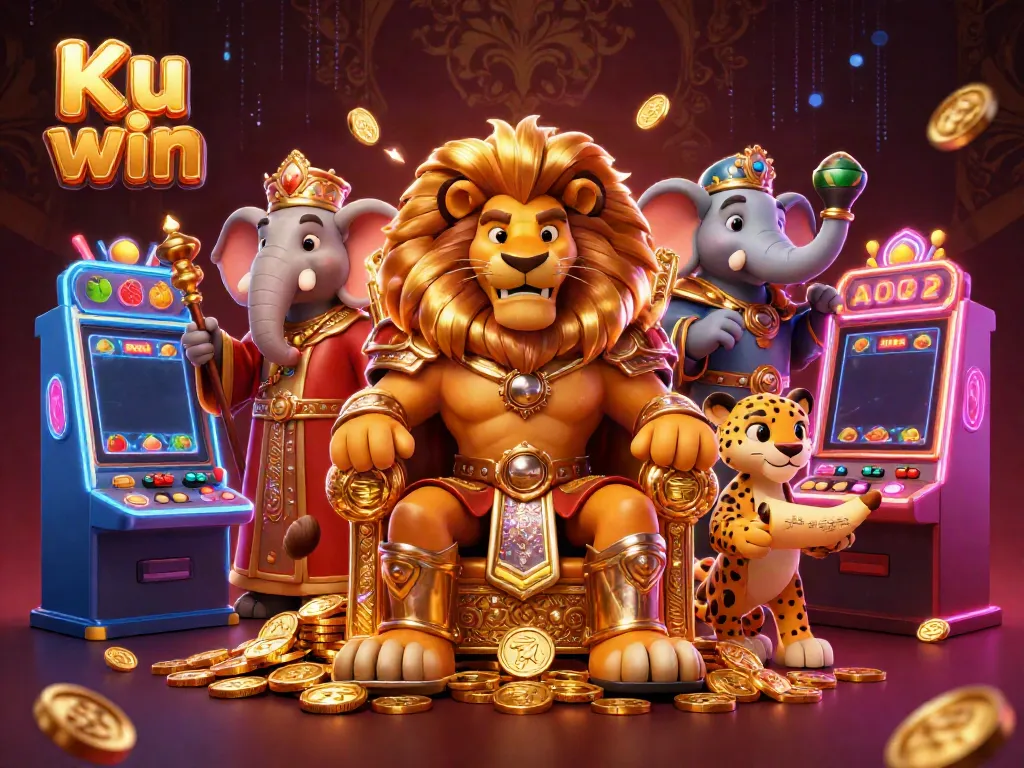 Experience thrilling gameplay with Ku win, featuring a regal lion king, wise elephant, and agile cheetah among vibrant slot machines.