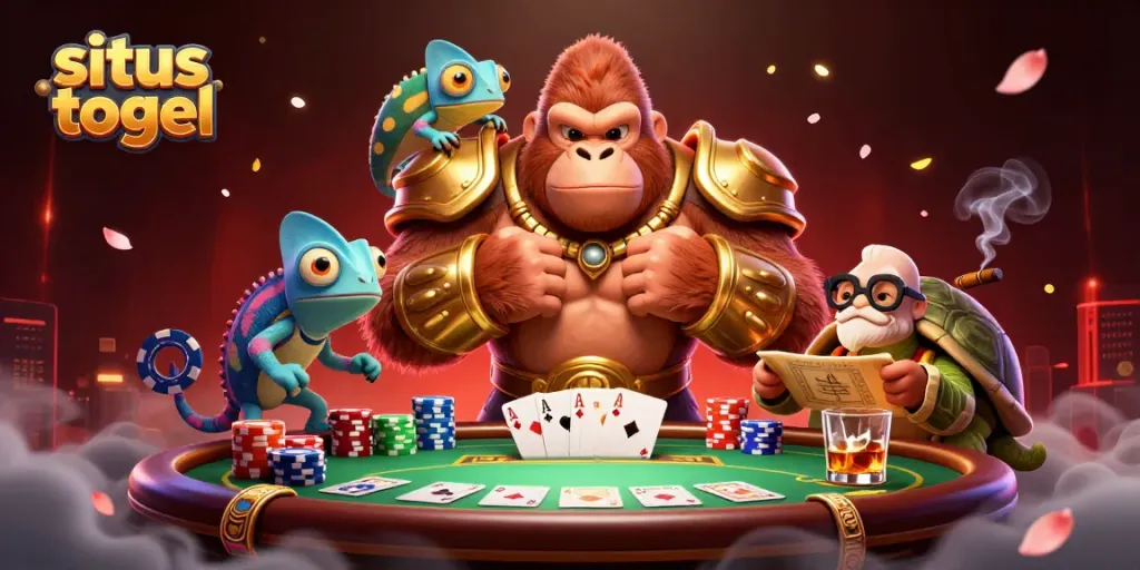 Experience situs togel excitement with a golden gorilla king, chameleon spy, and tortoise elder at a vibrant poker scene.