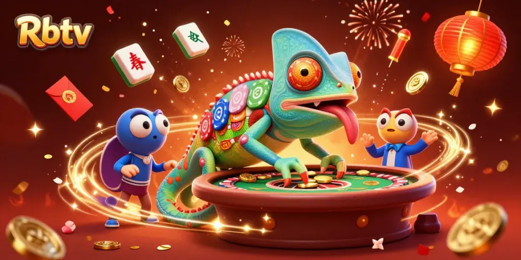 Mengguncang pengalaman judi Rbtv dengan ilustrasi 3D kartun chameleon kasino yang kreatif dan berwarna-warni.
