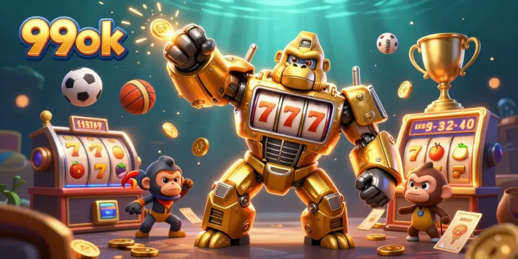 Engage with 99ok's thrilling 3D casino experience showcasing a golden gorilla mech amidst dynamic slot and gaming elements.