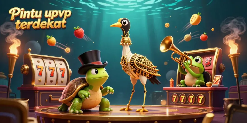 Engaging scene showcasing Pintu upvc terdekat with vibrant slot reels and playful characters at a speakeasy.