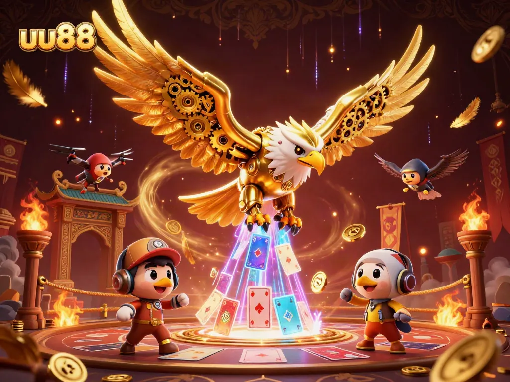 uu88 offers thrilling gambling experiences with cybernetic eagle soaring through holographic cards.