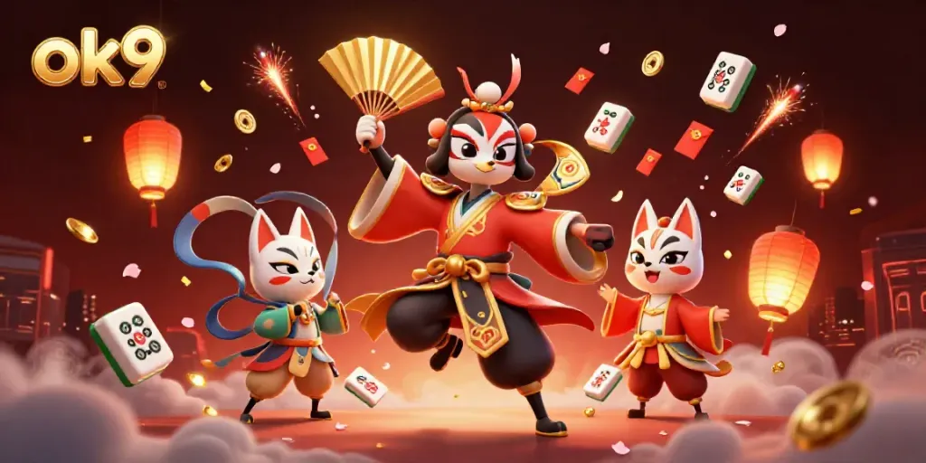 Engage with ok9 through a vibrant 3D illustration depicting dynamic casino elements and enchanting characters.