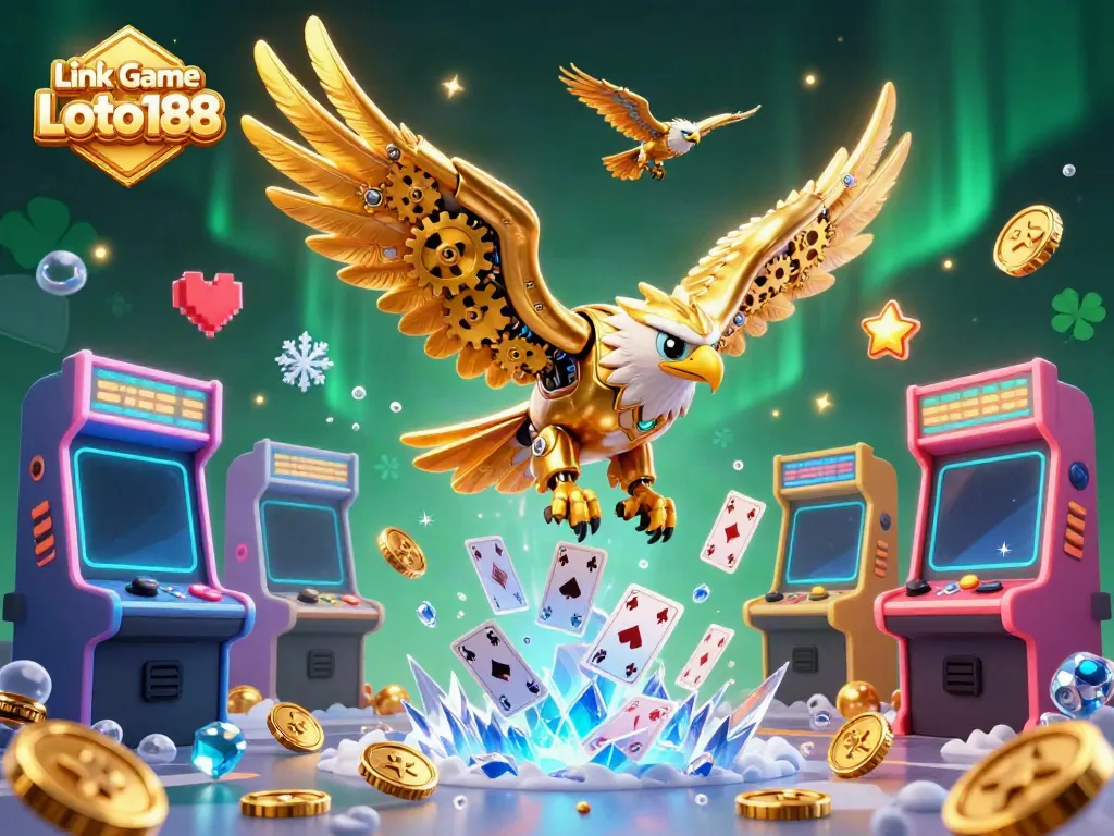 Experience thrilling gameplay with the Link Game Loto188 showcasing a dynamic 3D illustration of a golden eagle amidst colorful casino elements.