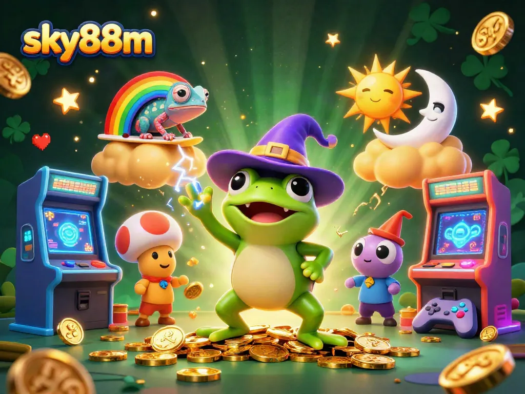 Experience the thrill of sky88m with a vibrant scene of gaming, golden coins, and dynamic characters.