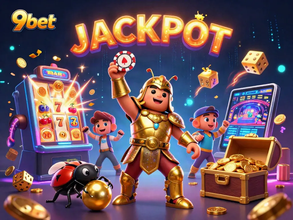 Win at 9bet with a vibrant jackpot scene featuring a heroic beetle and slot machine.