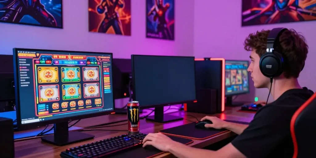 Engaged gamer playing slot gacor gampang menang on a vibrant online gaming setup.