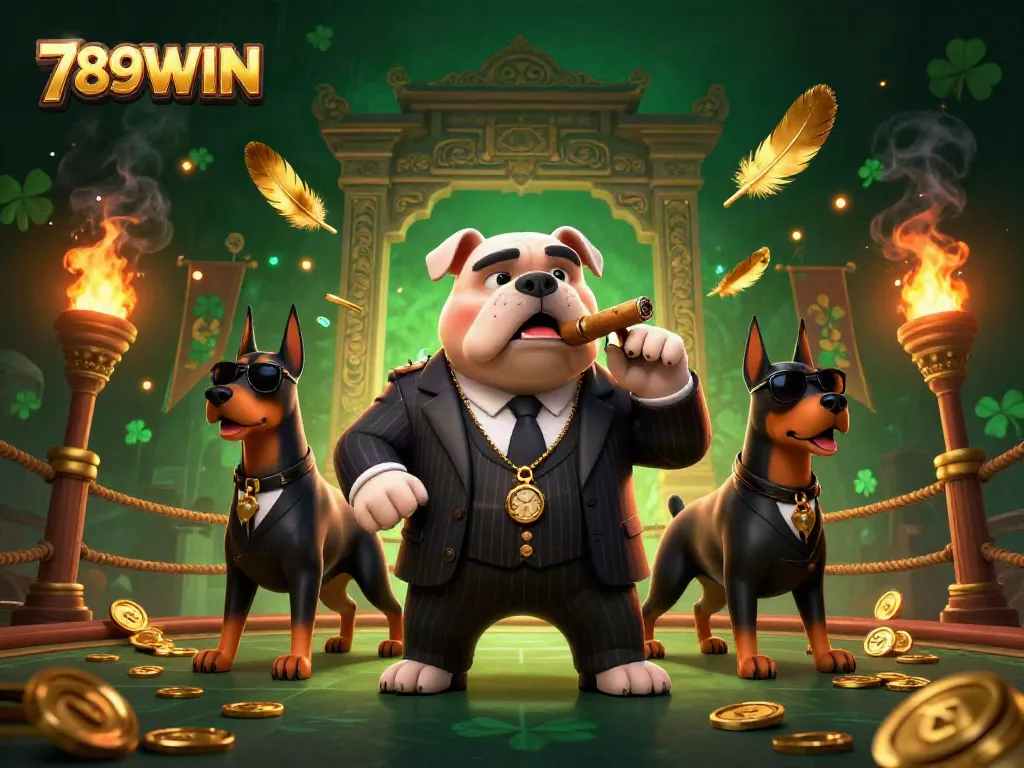Join the excitement at 789WIN with a dynamic 3D illustration showcasing a mafia boss dog and bodyguard Dobermans amidst thrilling casino elements.