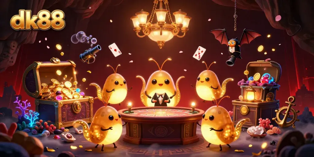 Experience dk88's immersive cave casino with glowworms and a bat dealer in a vibrant underwater setting.