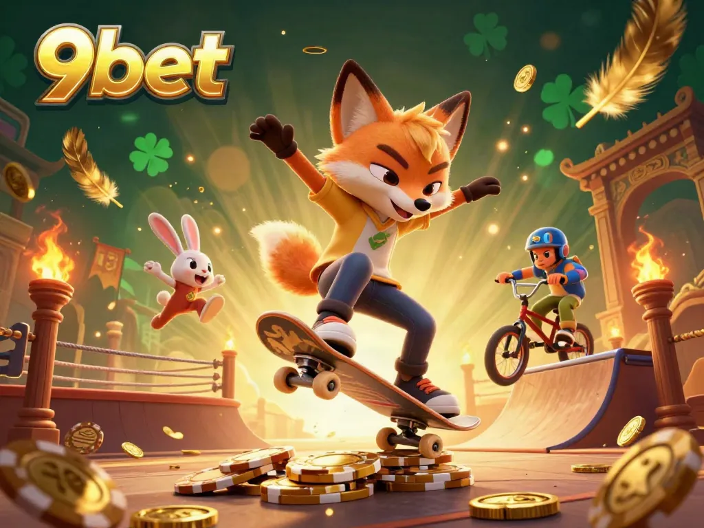 Experience thrill and excitement with 9bet in a dynamic casino illustration featuring playful characters.