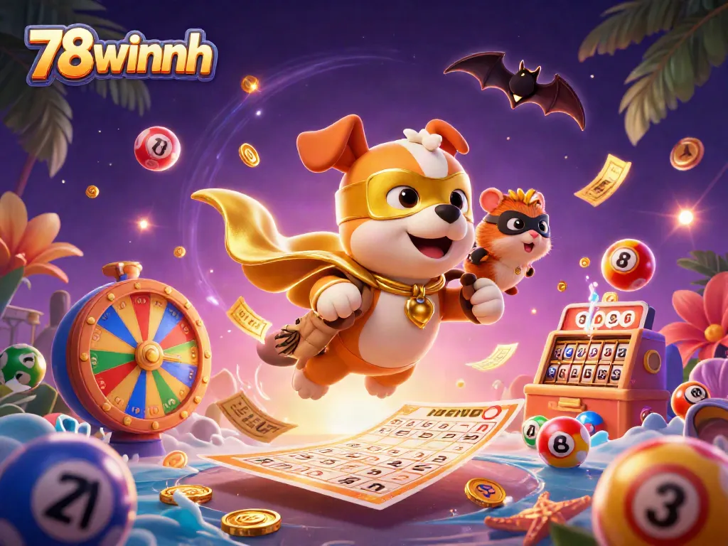 Experience the thrill of 78winnh with a superhero dog and dynamic casino elements!