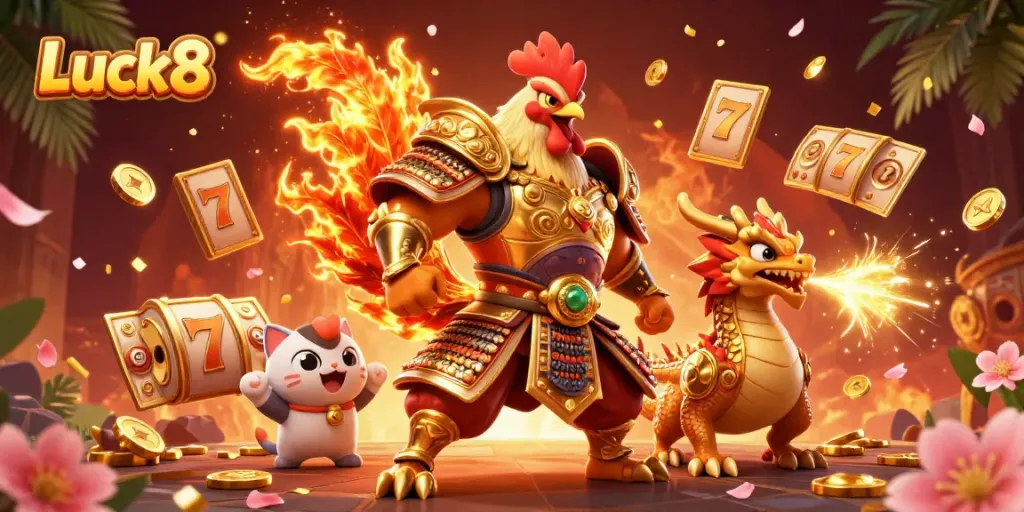 Experience the thrilling excitement of Luck8 with a powerful rooster warrior and dragon mascot.