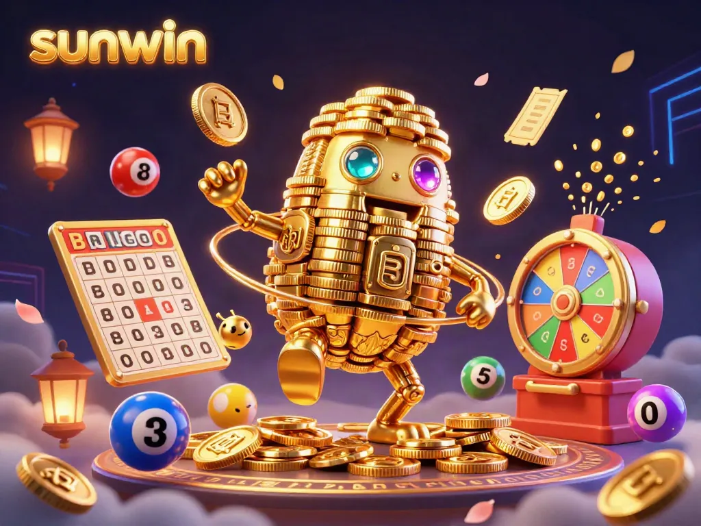Experience thrilling games with sunwin featuring golden golems, colorful lottery balls, and dynamic casino elements.