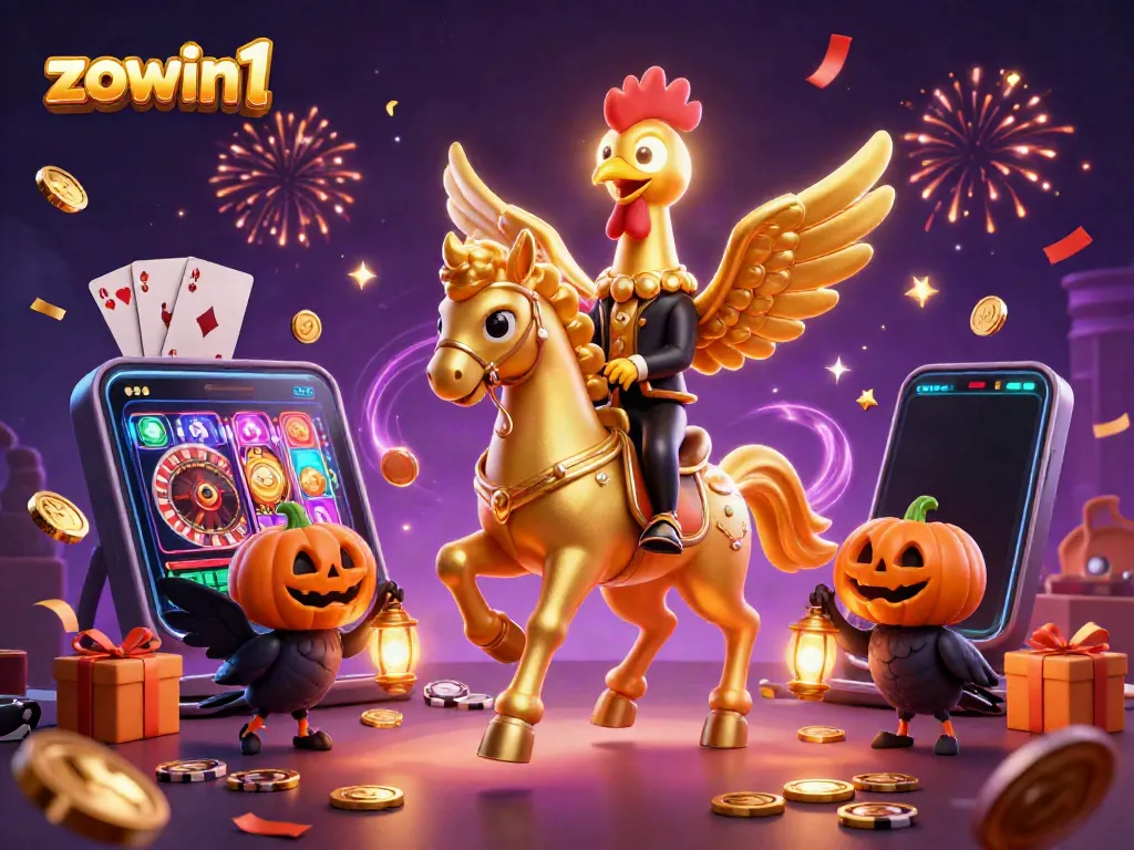 Zowin1 showcases an exciting casino scene with a golden rooster and crow companions amidst vibrant gaming elements.
