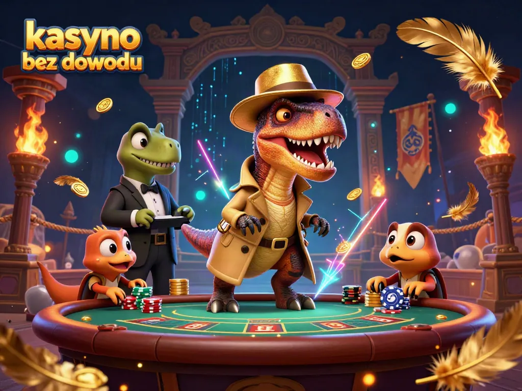 Experience kasyno bez dowodu thrills with a cartoon velociraptor card counter and vibrant casino elements.