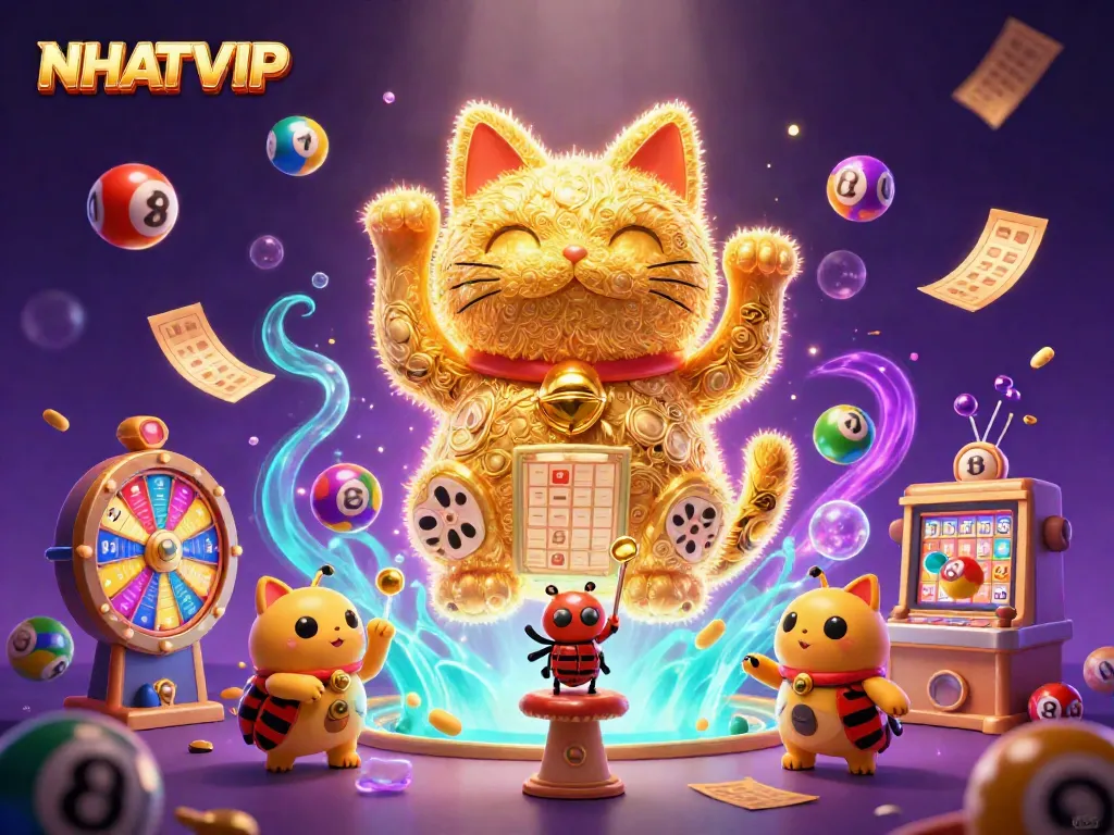Playfully engaging NHATVIP-themed illustration with lucky cat and dynamic casino elements.