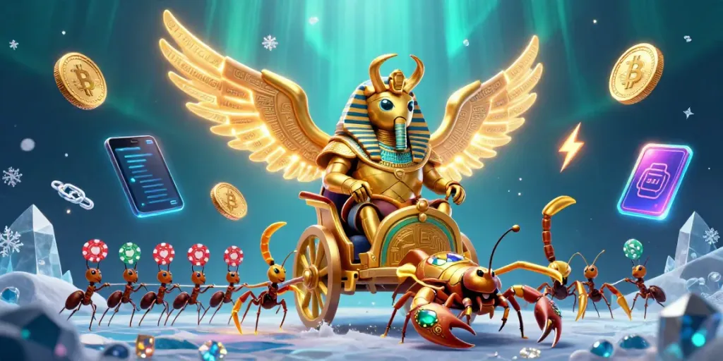 Experience the thrill of a slot jackpot with a vibrant, cartoon-style illustration featuring a colossal scarab beetle and treasure elements.