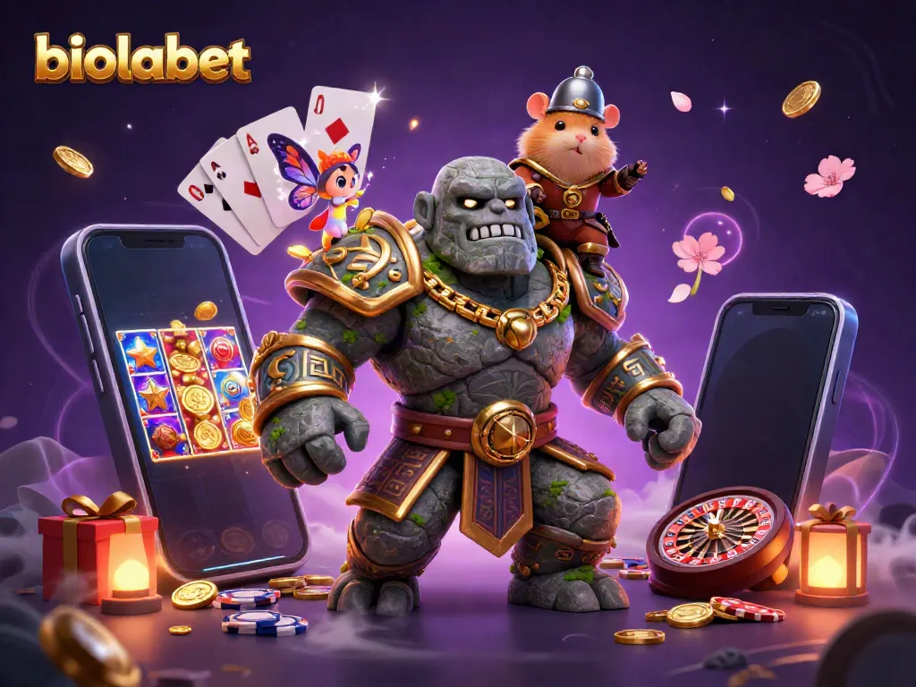 Engaging scene from biolabet featuring a golem guardian, fairy magic, and immersive casino games.