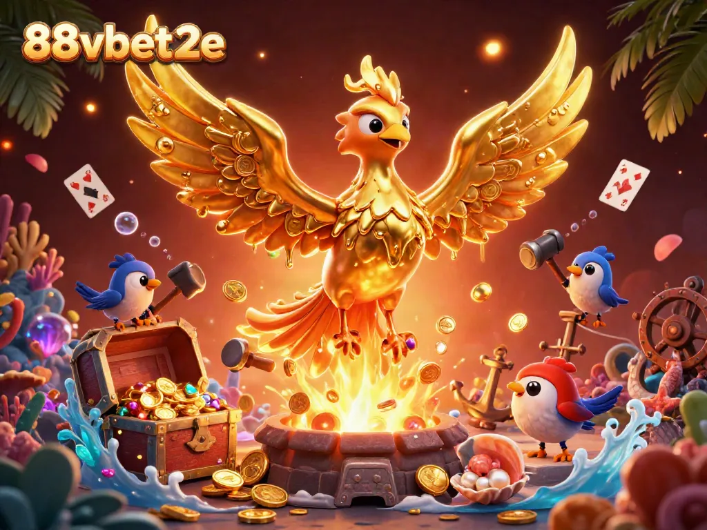 Experience the exciting world of 88vbet2e with vibrant casino elements and a fiery phoenix in a magical setting.