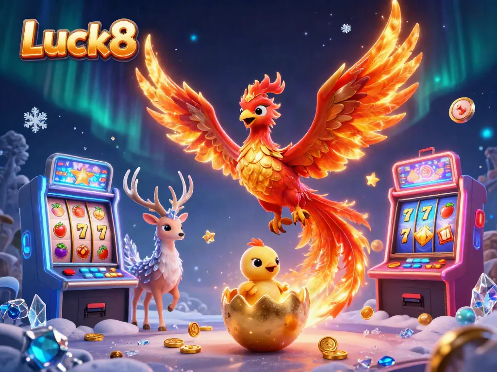 Experience the thrill of Luck8 with vibrant 3D phoenix and mystical stag among glowing casino elements.