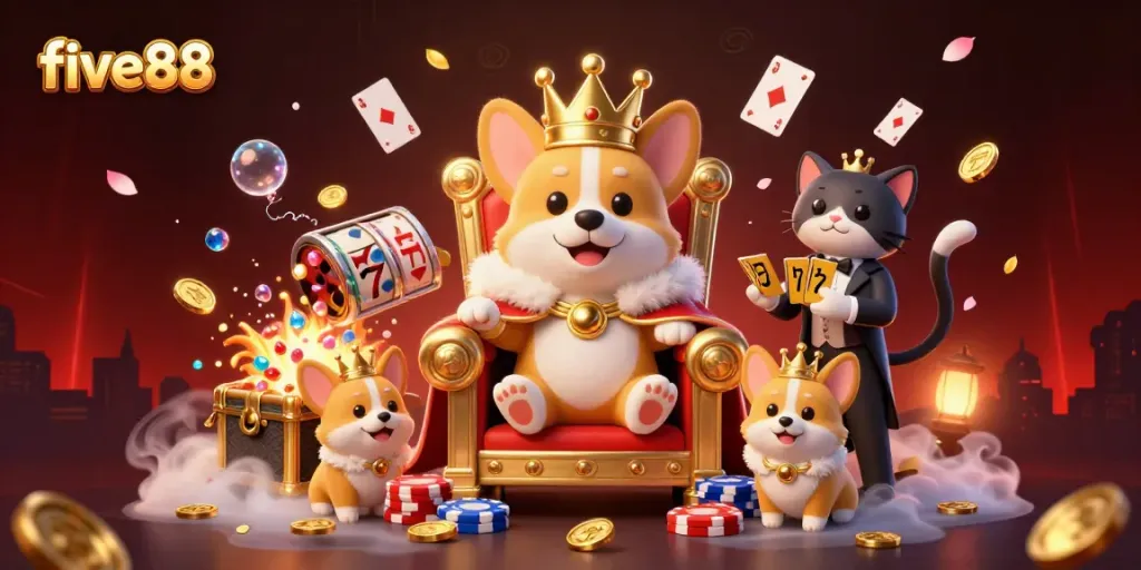 Engage with five88's vibrant casino world featuring a royal corgi surrounded by treasures and gaming elements.