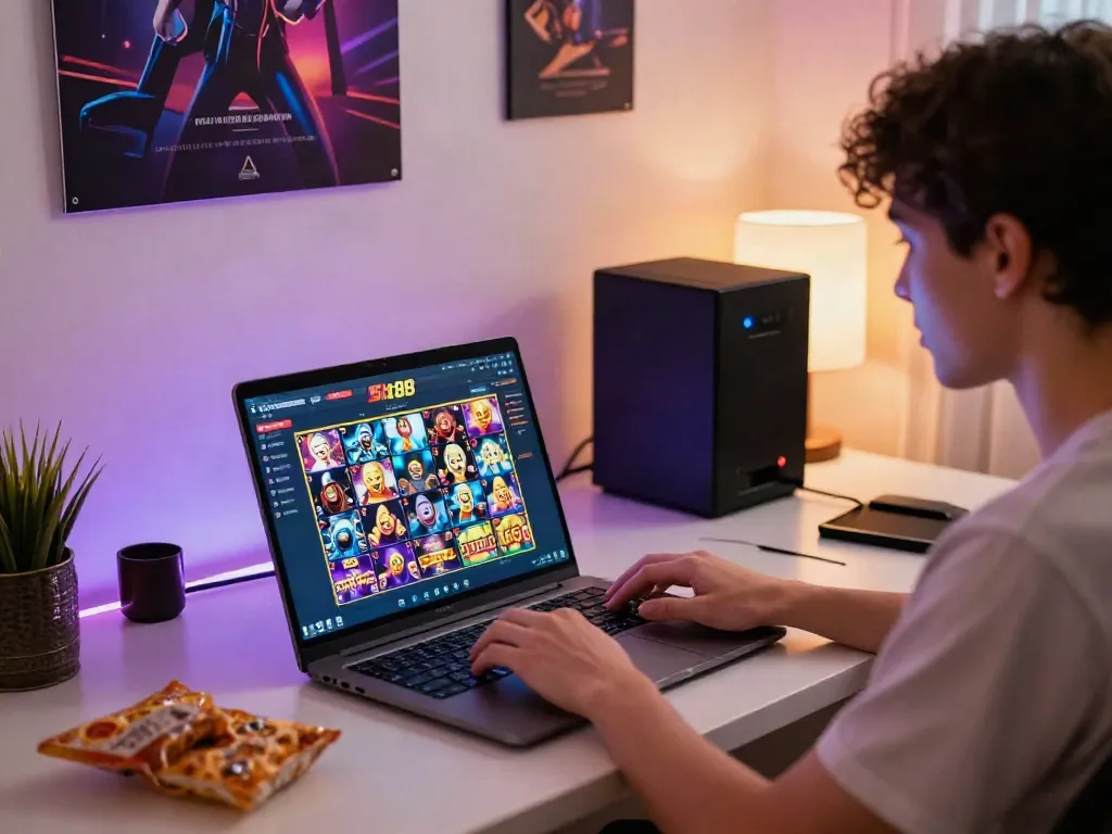 Engaged player enjoying slot88 on a laptop in a vibrant gaming nook.