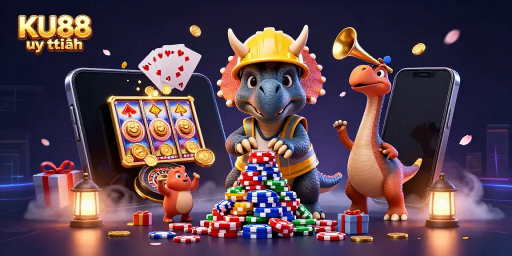 Engage with the thrill of KU88 uy tín as you enjoy a vibrant casino scene with animated dinosaurs and animated games.