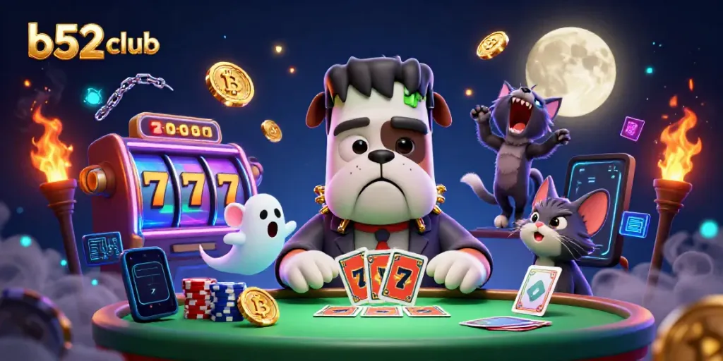 B52 club showcases thrilling card games featuring a unique cartoon bulldog dealer under vibrant neon lights.