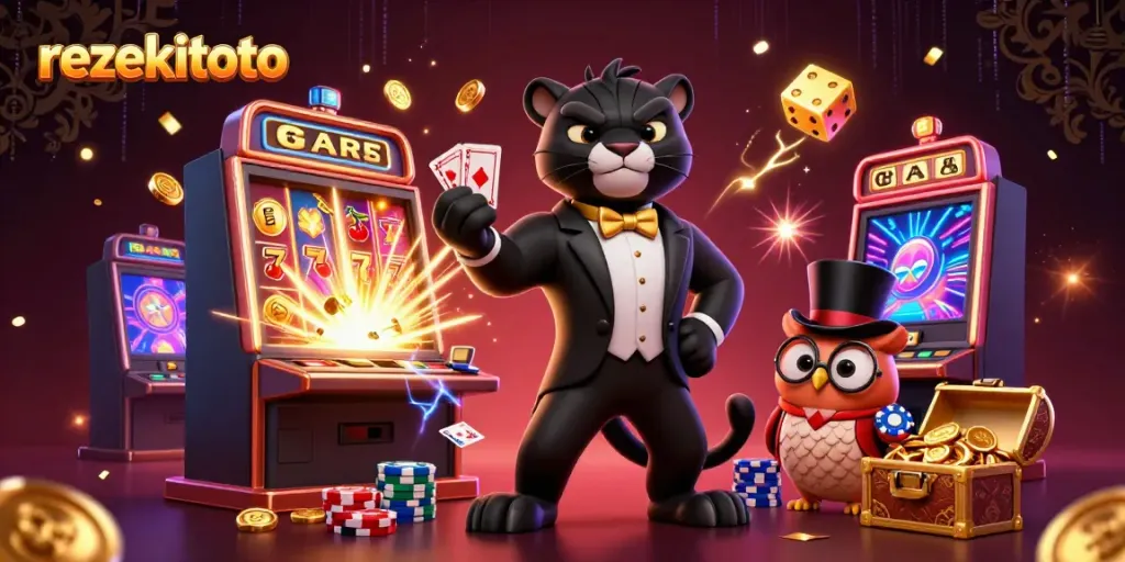 Experience rezekitoto with a lively 3D illustration of a stylish panther dealing cards, vibrant casino elements, and explosions of winnings.