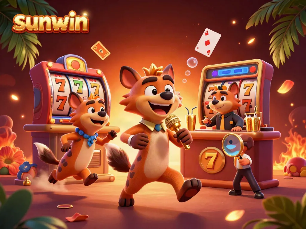 Engage in the lively comedy casino experience of sunwin with playful hyenas in a vibrant illustration.