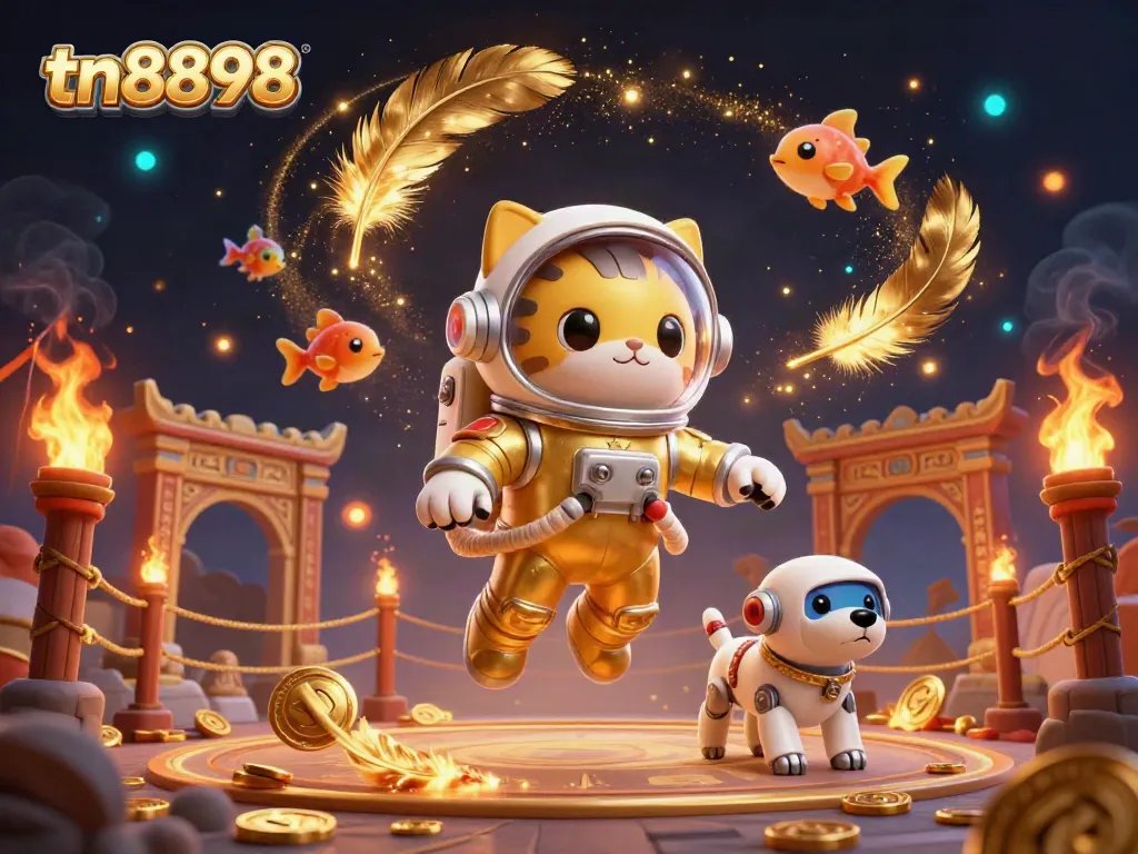 Engage in the thrilling universe of tn8898 with a 3D astronaut cat and robot dog amid golden casino elements.