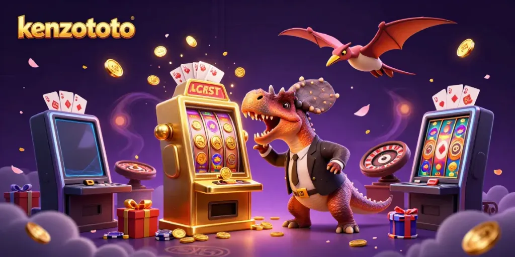 Experience the thrill of kenzototo as a dinosaur hits a jackpot slot machine amidst flying coins and vibrant casino elements.