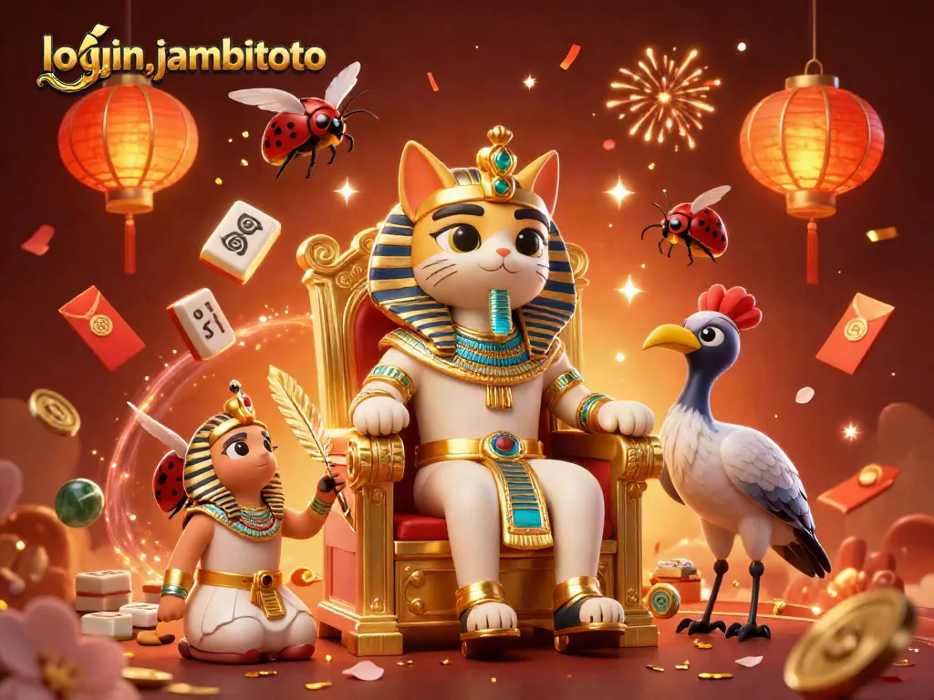 Engage with the dynamic world of login jambitoto, illustrated with vibrant pharaoh characters and casino symbols.