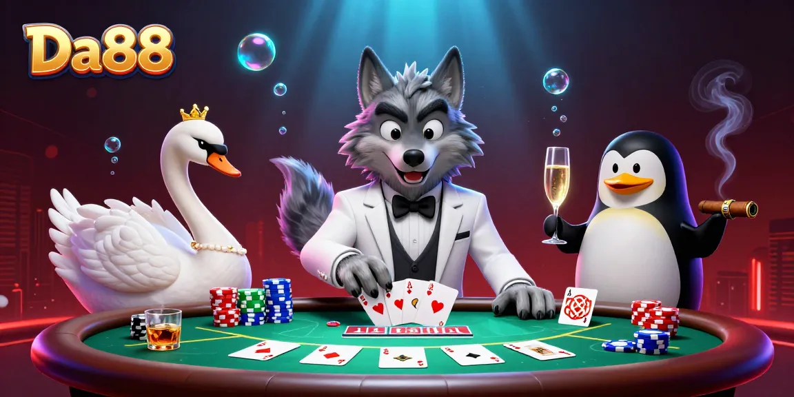 Engage in thrilling gameplay with Da88 featuring a debonair wolf at a baccarat table.